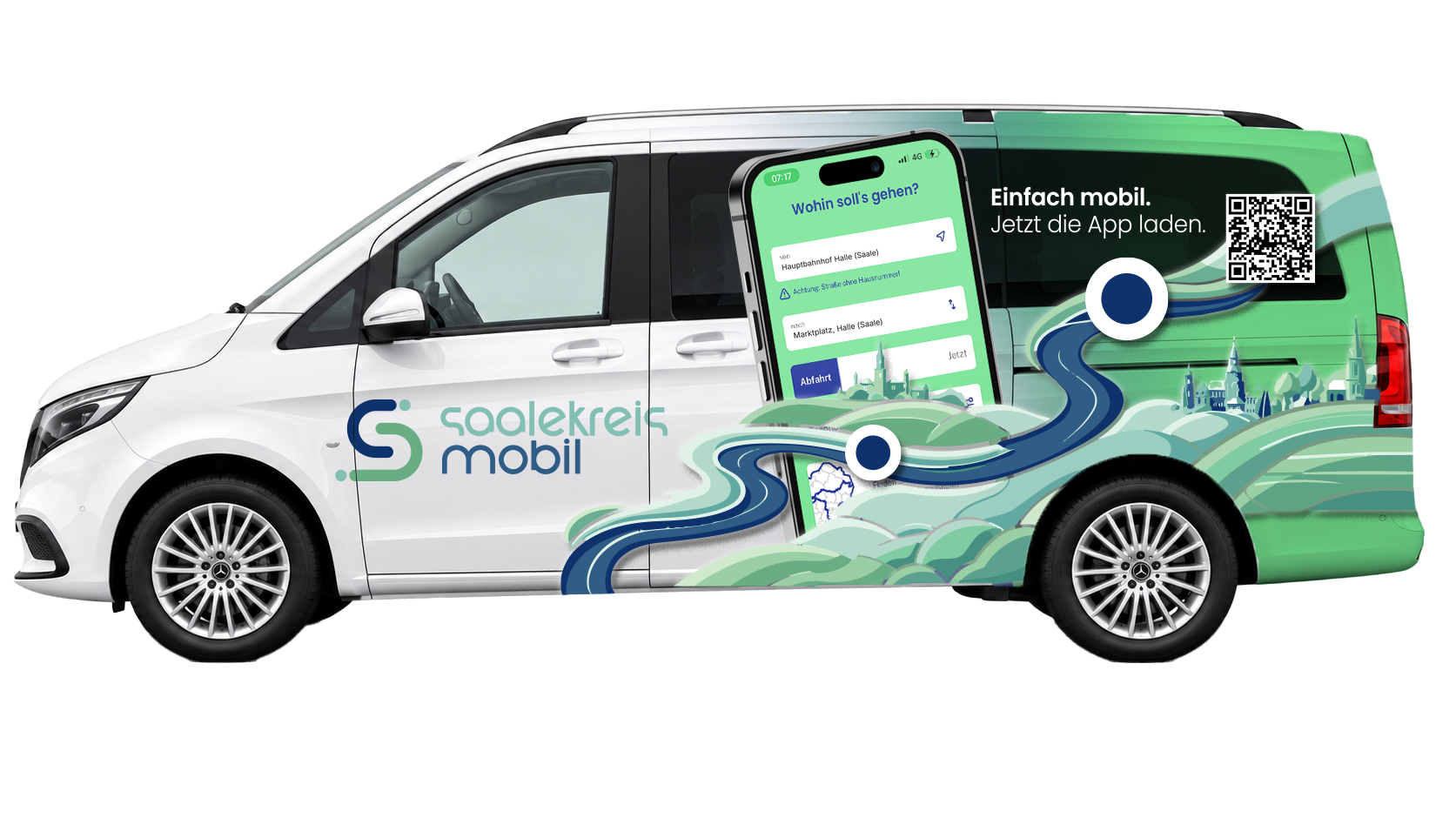 Seitenansicht eines Kleinbusses von Saalekreis mobil mit Logo und App-Motiv